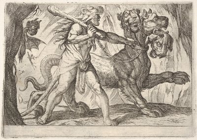 Hercule et Cerbère : Hercule saisit le collier de Cerbère, deux démons apparaissent à gauche..., 1608 - Antonio Tempesta