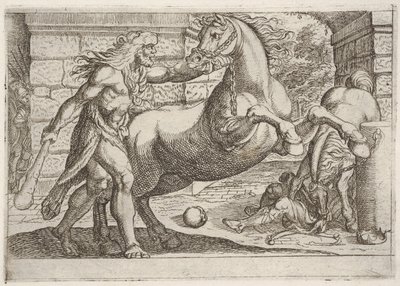Hercule et les juments de Diomède : Hercule saisit la bride d