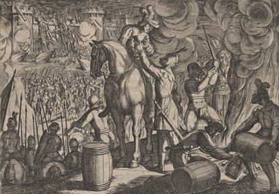 Planche 13: Attaque de la forteresse romaine la nuit, de La Guerre des Romains contre les Ba..., 1611 - Antonio Tempesta