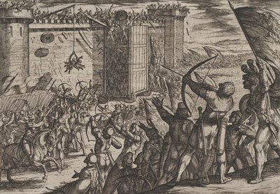 Planche 14 : Nouvelle attaque sur la vieille forteresse, de La guerre des Romains contre les Bataves..., 1611 - Antonio Tempesta