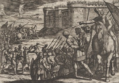 Planche 16: Captifs romains devant la vieille forteresse, de La Guerre des Romains contre les B..., 1611 - Antonio Tempesta