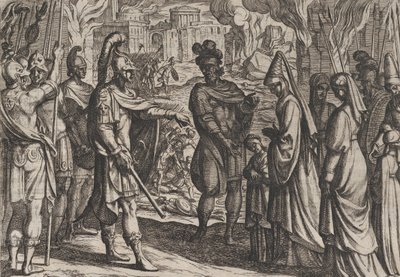 Planche 28 : Les troupes de Cologne amènent la femme et la sœur de Civilis à Cerialis, de La Guerre des R..., 1611 - Antonio Tempesta