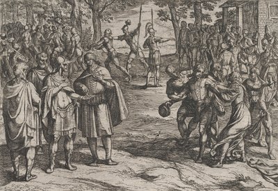 Planche 2 : Les Romains prenant des vieux Hollandais en otages et séduisant les jeunes, de La Guerre..., 1611 - Antonio Tempesta