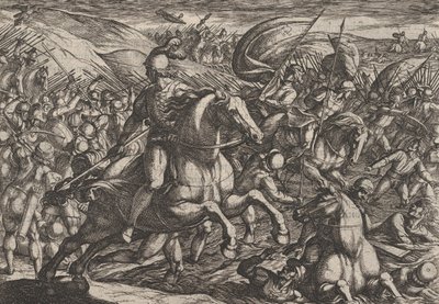 Planche 30 : Cerialis chassant les Hollandais dans le Rhin, de La Guerre des Romains contre les..., 1611 - Antonio Tempesta