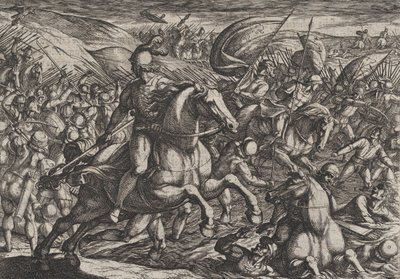Planche 30 : Cerialis chassant les Hollandais dans le Rhin, de La Guerre des Romains contre..., 1611 - Antonio Tempesta