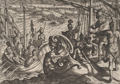 Planche 33 : Flottilles néerlandaises et romaines sur le Rhin, de La Guerre des Romains contre les B... - Antonio Tempesta