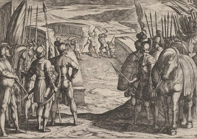 Planche 35 : Les Bataves prennent peur et commencent les pourparlers de paix, de La Guerre des Romains contre..., 1611 - Antonio Tempesta