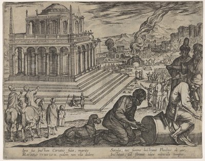 Planche 5 : Tombeau de Mausole, tailleurs de pierre fabriquant une colonne à droite, de Les Sept Merveilles - Antonio Tempesta