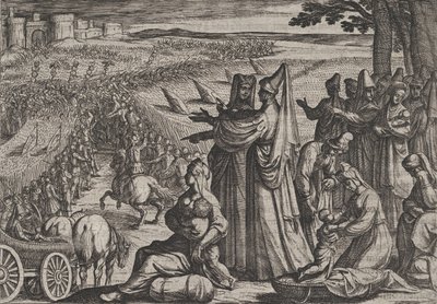 Planche 8 : Femmes et enfants observant Civilis combattant les Romains, de La Guerre des Romains - Antonio Tempesta