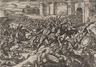 Planche 9 : Les Romains vaincus par les troupes néerlandaises à Bonna, de La Guerre des Romains contre... 1611 - Antonio Tempesta