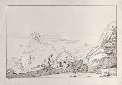 Paysage montagneux avec deux hommes au premier plan - Antonio Vianello