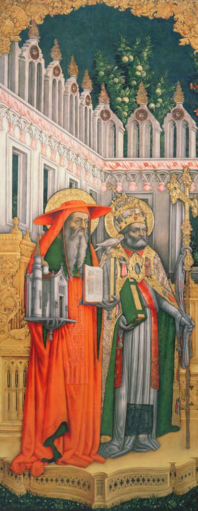 Saint Jérôme et Saint Grégoire, panneau gauche de La Vierge en majesté avec les saints Jérôme, Grégoire, Ambroise et Augustin, 1446 (post restauration) - Antonio Vivarini