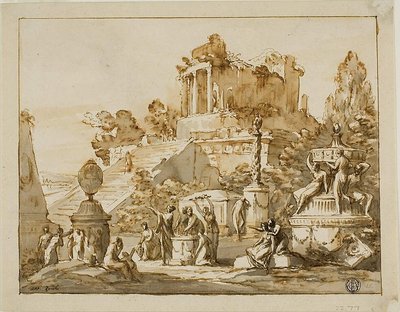 Paysage classique avec temple en ruine sur une colline, figures féminines en contrebas - Antonio Zucchi
