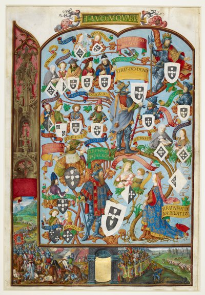 Arbre généalogique des rois du Portugal montrant la descendance de Sancho Capello et Alphonse III. Marge inférieure : la bataille de Salado en 1340 - Antonio de Hollanda
