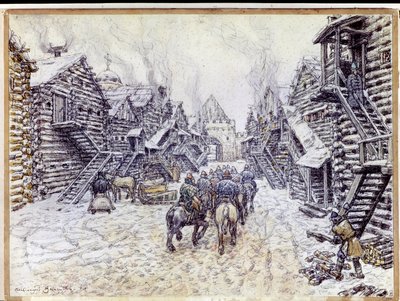 Vieux Moscou. Architecture traditionnelle en bois sous la neige - Apollinari Mikhailovich Vasnetsov