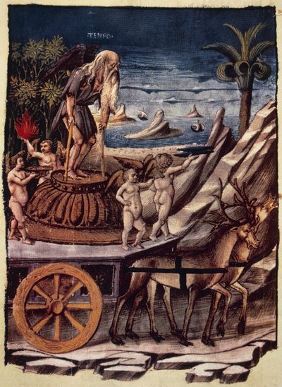 Le triomphe du Temps, le char du Temps tiré par des cerfs, miniature d