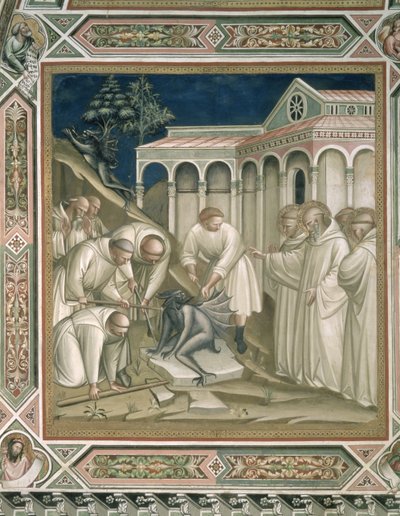 La pierre lourde (détail) de la vie de Saint Benoît (c.480-c.550), dans la sacristie, 1387 - Aretino Luca Spinello or Spinelli