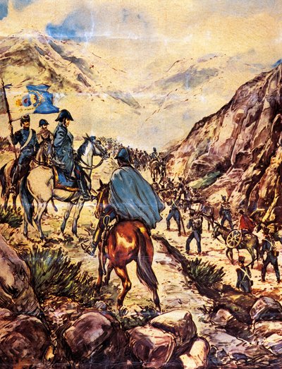 Le général José de San Martin, également connu sous le nom de Libérateur du Sud, traverse les Andes avec son armée en direction du Pérou. - Argentinian School