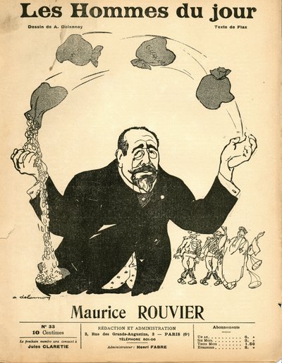 Couverture de "Les Hommes du jour", vers 1906 - Illustration par Aristide Delannoy (1874-1911) : Argent - Rouvier Maurice (1842-1911) - Jonglerie - Aristide Delannoy