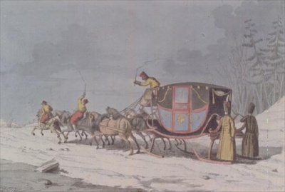 Cheval et calèche sur des traîneaux de 
