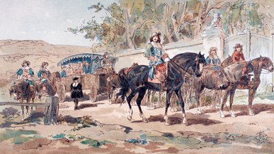 Diligence publique tirée par des chevaux, ou carrosse, du XVIIe siècle avec escorte montée, 1886 - Armand Jean Heins