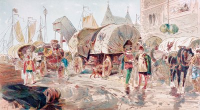 Chariots tirés par des chevaux pleins de marchandises appartenant à la Ligue hanséatique arrivent à un port, 16ème siècle, 1886 - Armand Jean Heins