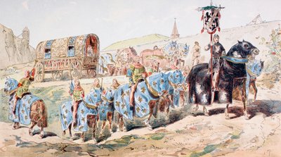 Noble femme en carrosse escortée par des joueurs de trompette au XIIIe siècle - Armand Jean Heins