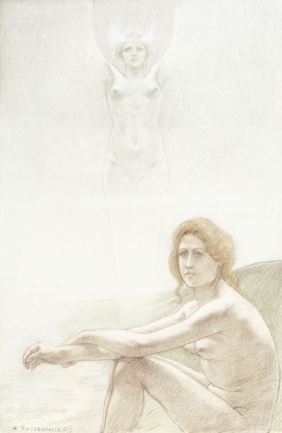 Nu féminin assis avec une figure féminine fantomatique en arrière-plan - Armand Rassenfosse