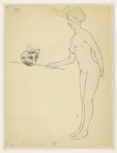 Femme nue debout avec un bâton et un crâne - Armand Rassenfosse