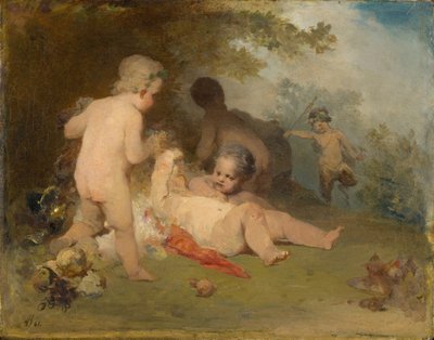 Putti et un jeune satyre dans une clairière forestière - Arnold Böcklin