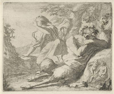 Satyre et figure féminine se couvrant les yeux contre la lumière du soleil Scène d