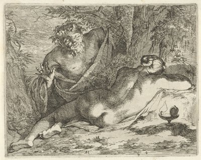 Nymphe endormie espionnée par un satyre - Arnold Houbraken