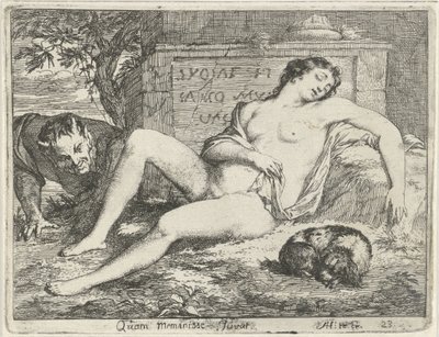 Nymphe endormie avec un chien espionnée par un satyre - Arnold Houbraken