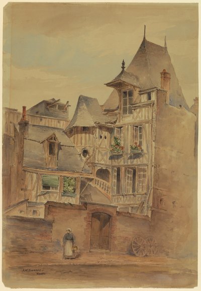 Dessin, scène de rue avec des maisons médiévales, vers 1885 - Arnold William Brunner