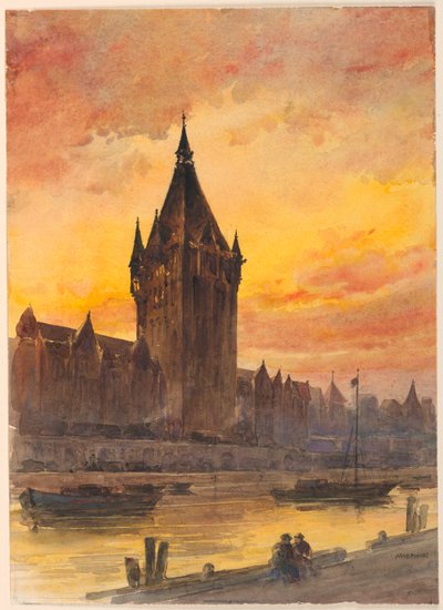 Coucher de soleil sur la tour et la rivière - Arnold William Brunner