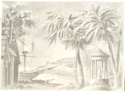 Paysage côtier tropical avec palmiers, navire et petit temple (Bouddha?) - Aron Wallick