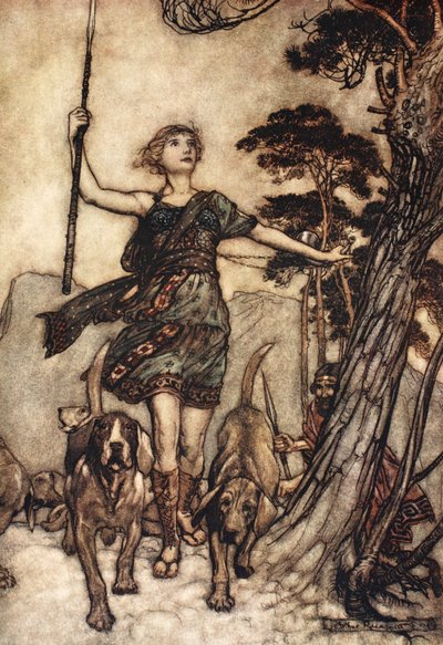 Nous irons, belle reine, au sommet de la montagne, Et marquerons la confusion musicale Des chiens et de l