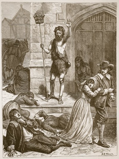 Le maniaque prononçant la condamnation de Londres pendant la Grande Peste, illustration de 