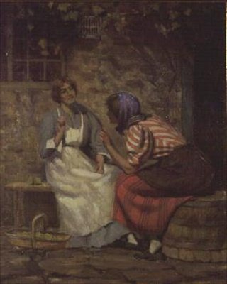 Scandale, deux filles bavardant devant un cottage - Arthur Claude Cooke