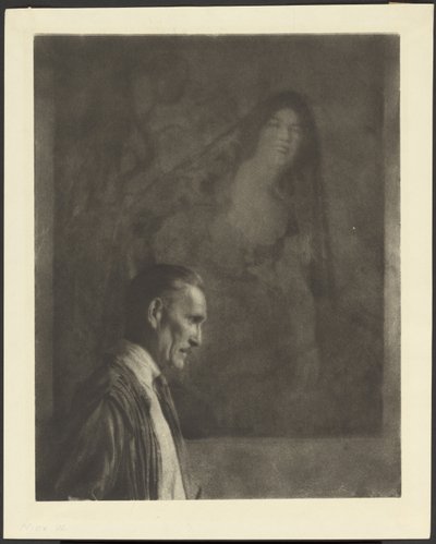 [Homme à la petite moustache soignée, de profil, posé devant un tableau représentant une femme habillée en costume espagnol]. - Arthur F. Kales
