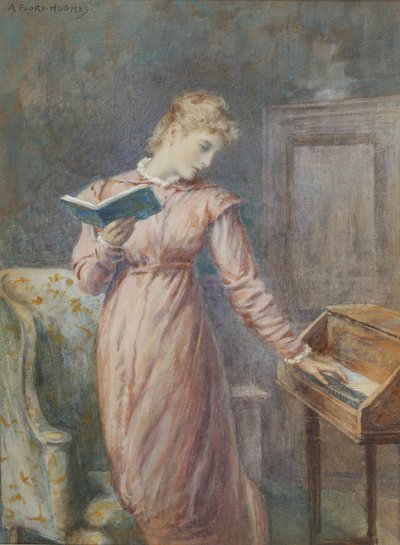 Une dame lisant en jouant du clavecin - Arthur Foord Hughes