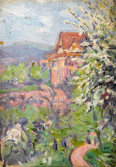 Maison avec arbre en fleur au premier plan - Arthur Haythorne Studd