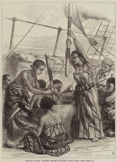 Femmes africaines décortiquant du millet à bord du HMS Lynx - Arthur Hopkins
