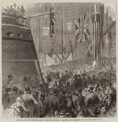 Lancement de la corvette à vis Druid au chantier naval de Deptford, la princesse Louise libérant le Dog-Shore - Arthur Hopkins