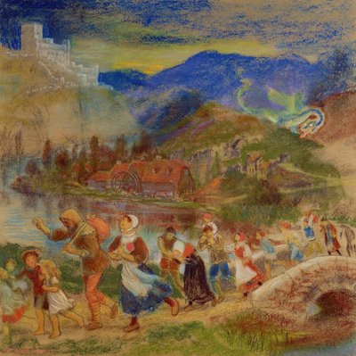 Villageois fuyant un dragon - Arthur Hughes