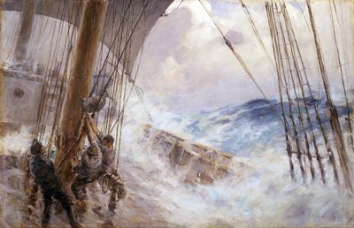 Manœuvres pour abaisser la voile du mât principal dans la tempête - Arthur John Briscoe