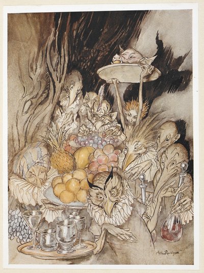 ACTE III: Scène III, ligne 19 Entrée de plusieurs formes étranges, apportant un banquet... invitant le roi, etc., à manger - Arthur Rackham