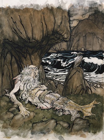 Un "triton" couronné, un dieu de la mer dormant sur un rivage rocheux - Arthur Rackham