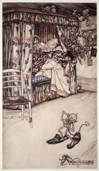 Une leçon de rideau vaut tous les sermons du monde pour enseigner les vertus de la patience et de la longanimité, de Rip Van Winkle par Washington Irving, pub. 1910 - Arthur Rackham