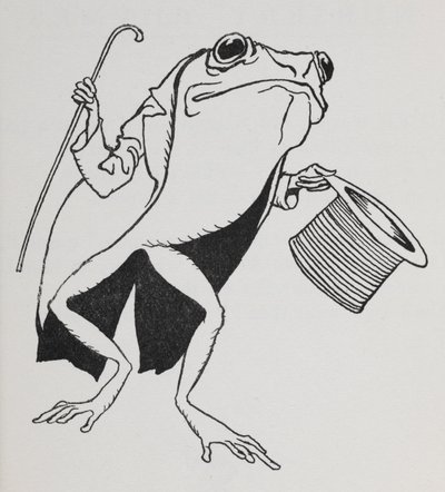 Une grenouille portant un haut-de-forme et une queue-de-pie, portant une canne - Arthur Rackham